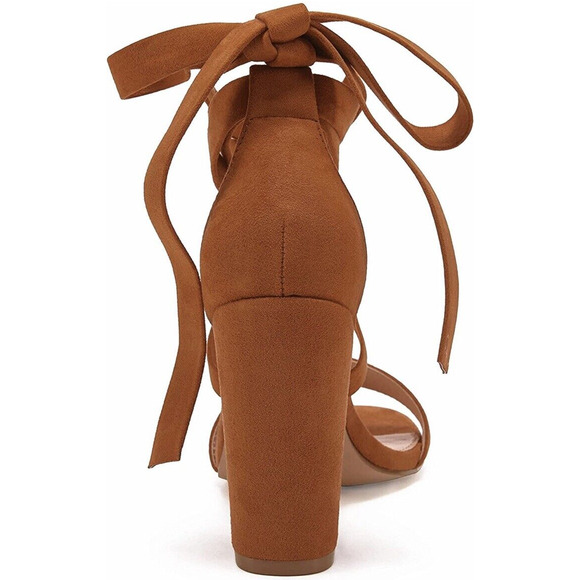 Womens High Heel Lace Up Strappy Suede Sandals Size 7 Brown Camel Block Heel - Picture 4 of 11